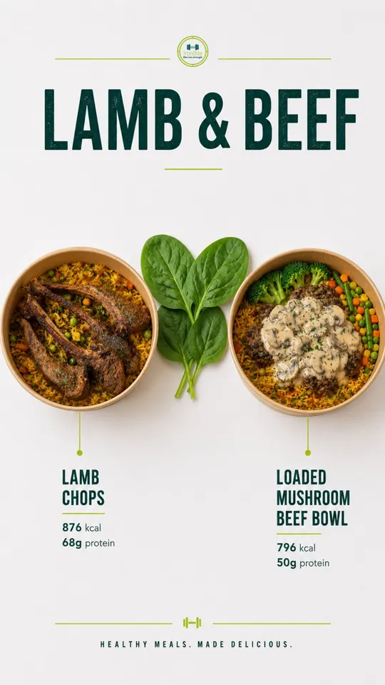 Lamb and beef menu: Lamb Chops, Loaded Mushroom Beef Bowl