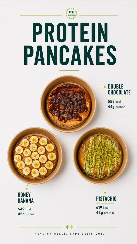 Pancakes menu: Double Chocolate, Honey Banana, Pistachio