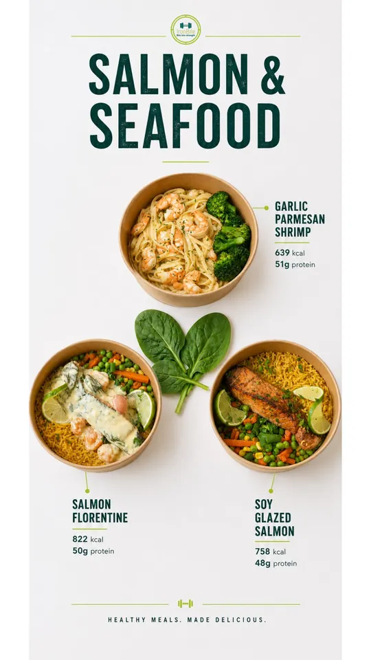 Salmon and seafood menu: Garlic Parmesan Shrimp, Salmon Florentine, Soy Glazed Salmon