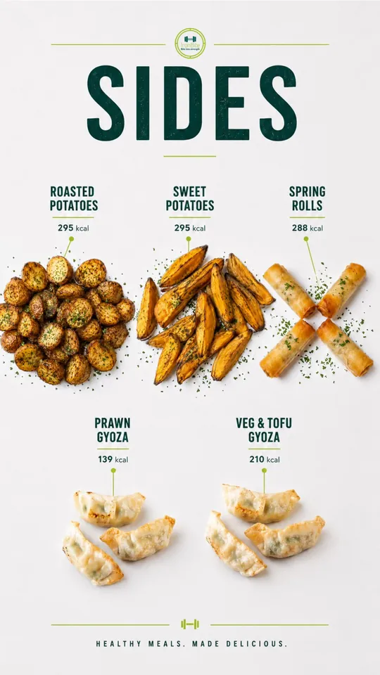 Sides menu: Roasted Potatoes, Sweet Potatoes, Spring Rolls, Prawn Gyoza, Veg and Tofu Gyoza