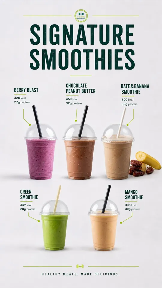 Smoothies menu: Berry Blast, Chocolate Peanut Butter, Date and Banana, Green, Mango