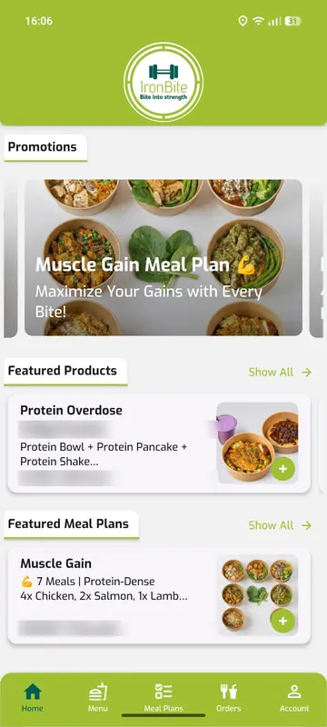Ironbite app home screen with promotions and featured products