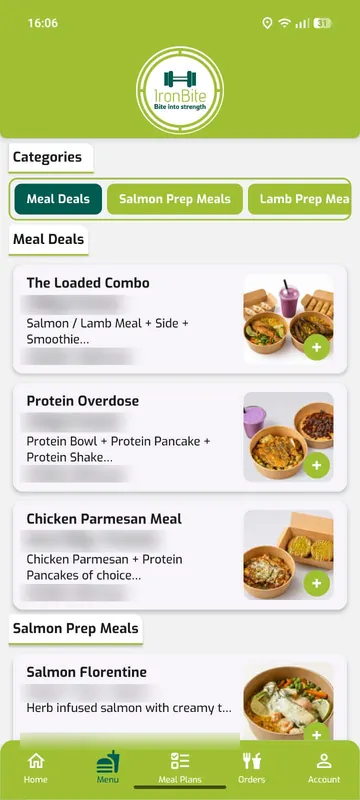 Ironbite app menu screen showing meal deals and categories